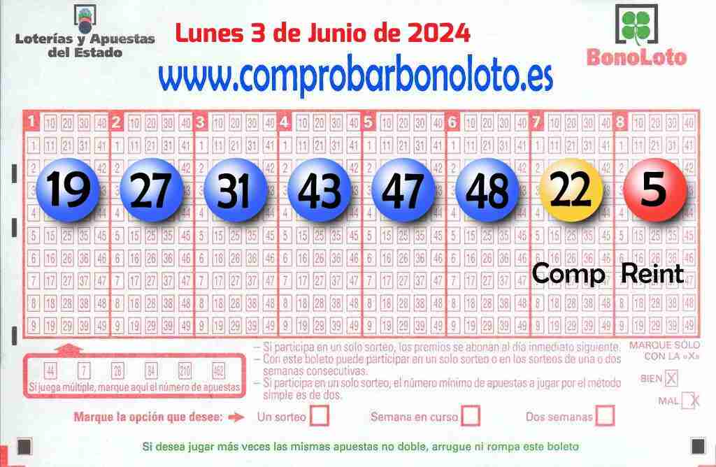 Bonoloto del Lunes 3 de Junio de 2024