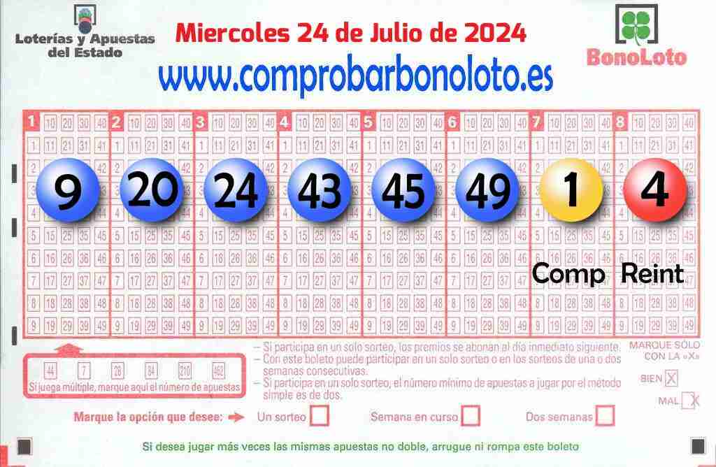 Bonoloto del Miércoles 24 de Julio de 2024