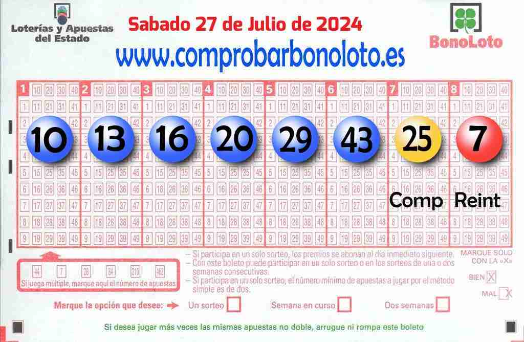 Bonoloto del Sábado 27 de Julio de 2024