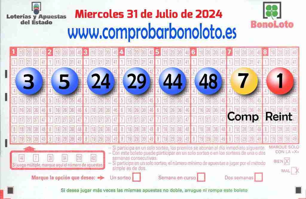 Bonoloto del Miércoles 31 de Julio de 2024