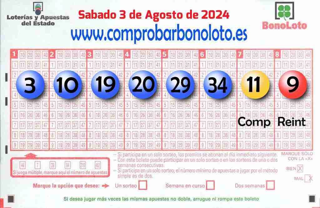 Bonoloto del Sábado 3 de Agosto de 2024