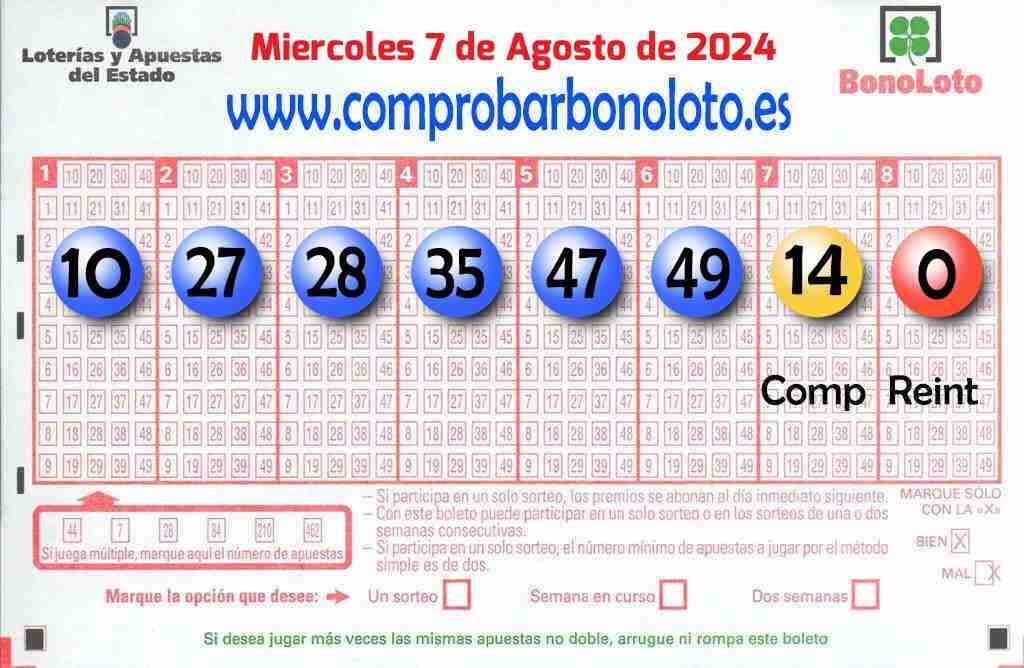 Bonoloto del Miércoles 7 de Agosto de 2024