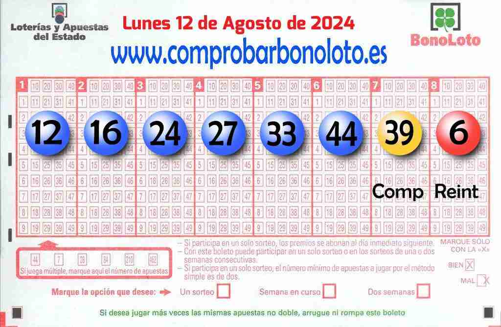 Bonoloto del Lunes 12 de Agosto de 2024