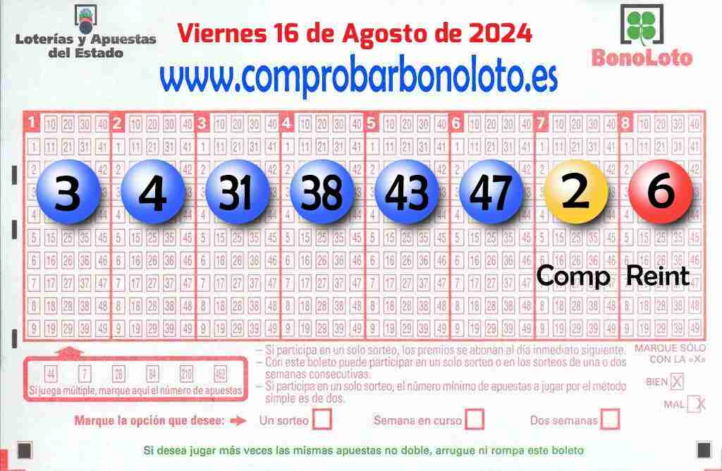 Bonoloto del Viernes 16 de Agosto de 2024