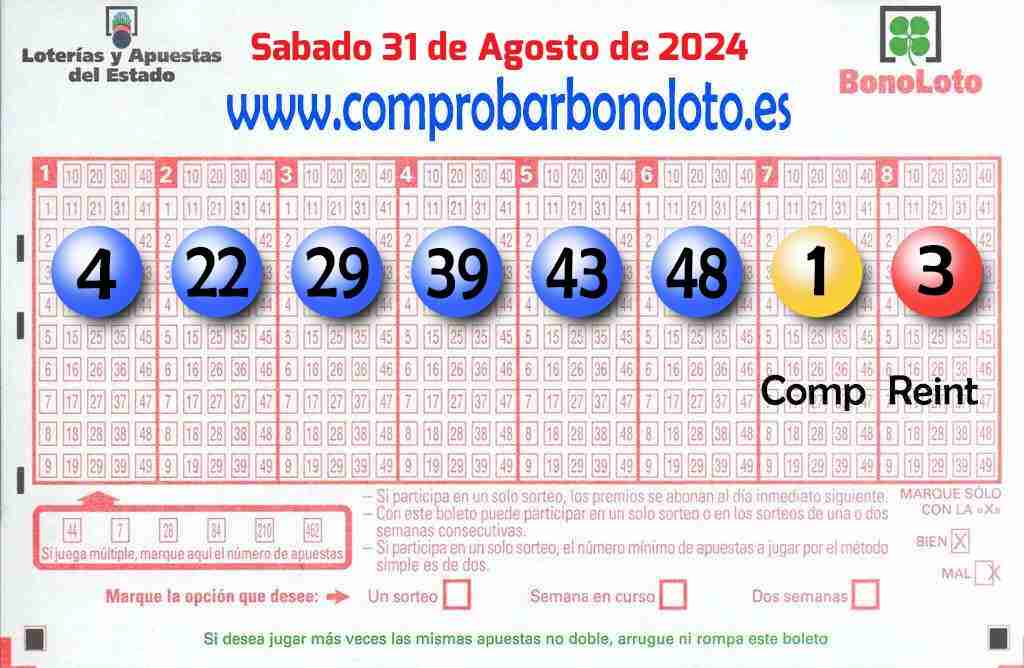 Bonoloto del Sábado 31 de Agosto de 2024