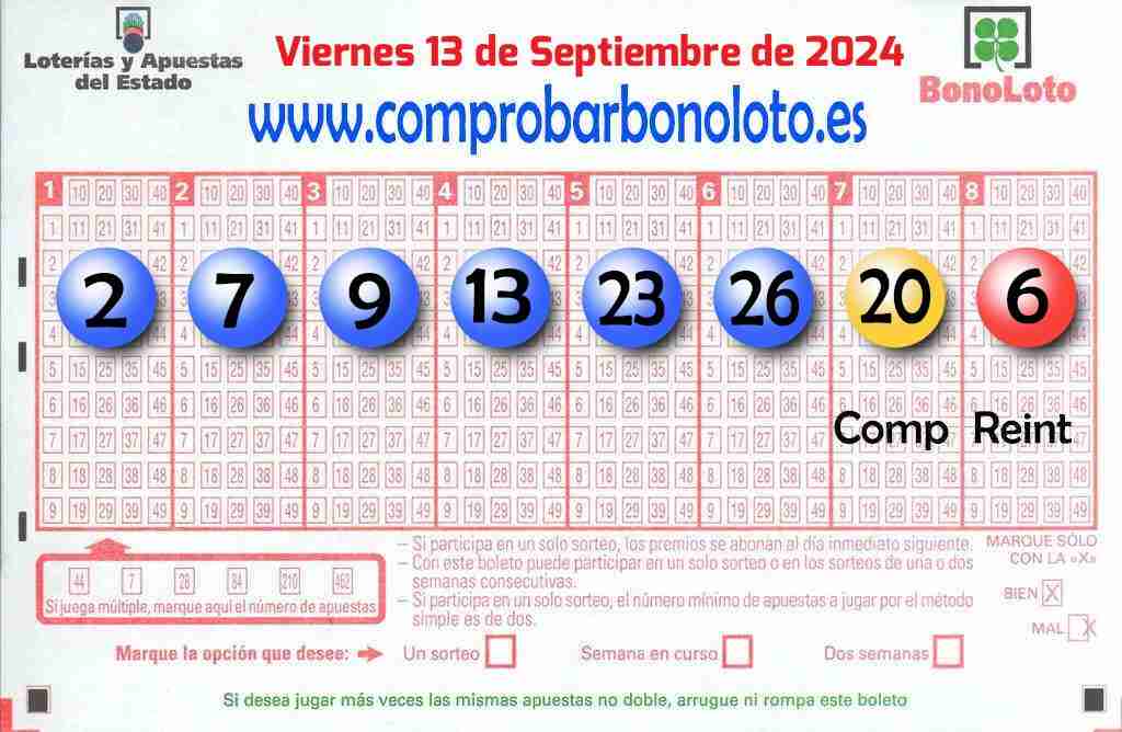 Bonoloto del Viernes 13 de Septiembre de 2024