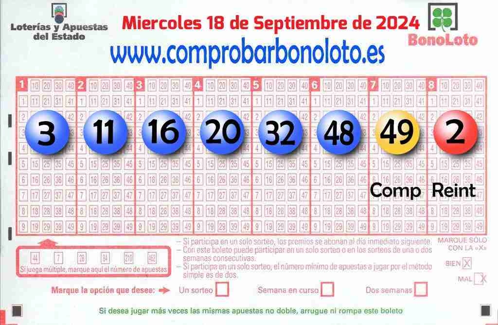 Bonoloto del Miércoles 18 de Septiembre de 2024