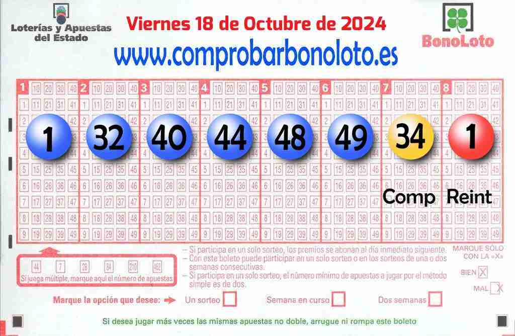 Bonoloto del Viernes 18 de Octubre de 2024